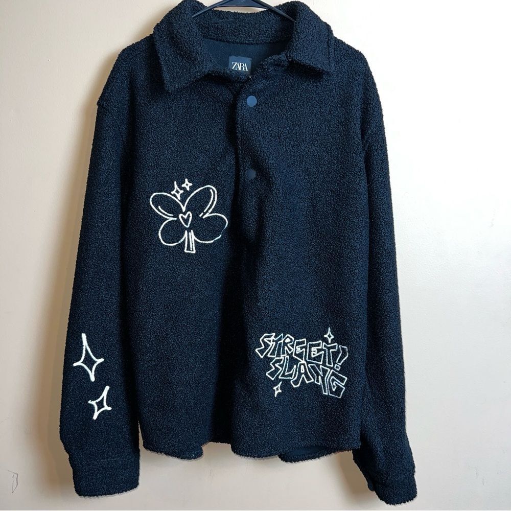 Zara Black Embroidered Faux Shearling Streetwear Utility Overshirt Size L/XL - Picture 8 of 16